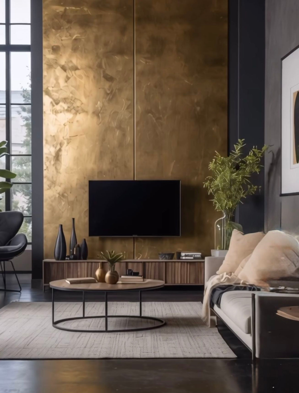 Gold-toned mottled stainless steel wall panels behind a living room television.