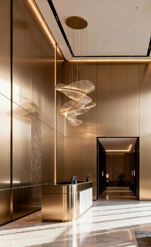 Warm gold-toned stainless steel wall panels behind a reception desk.