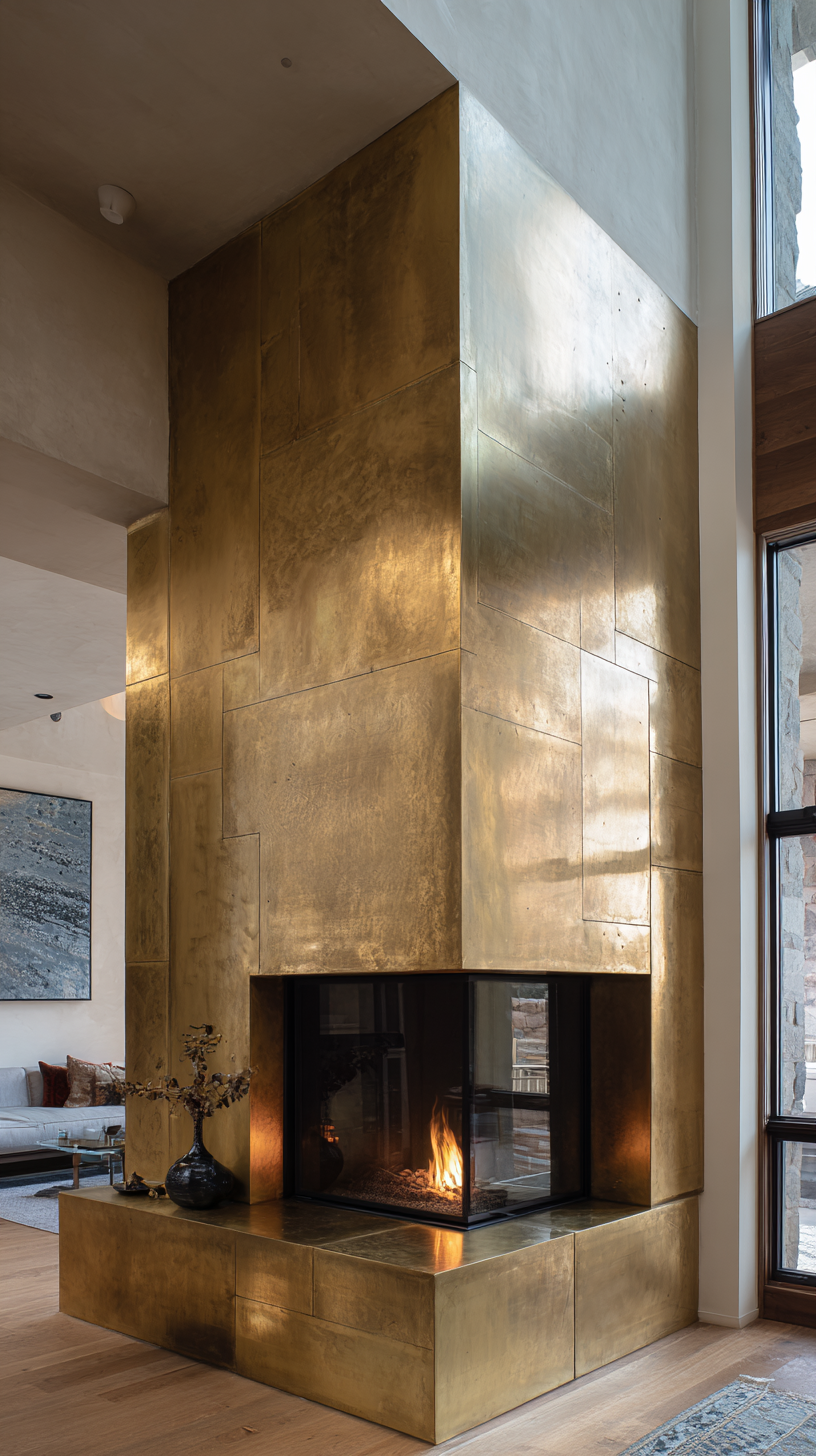 Gold-toned textured stainless steel wall panels surrounding a fireplace feature.