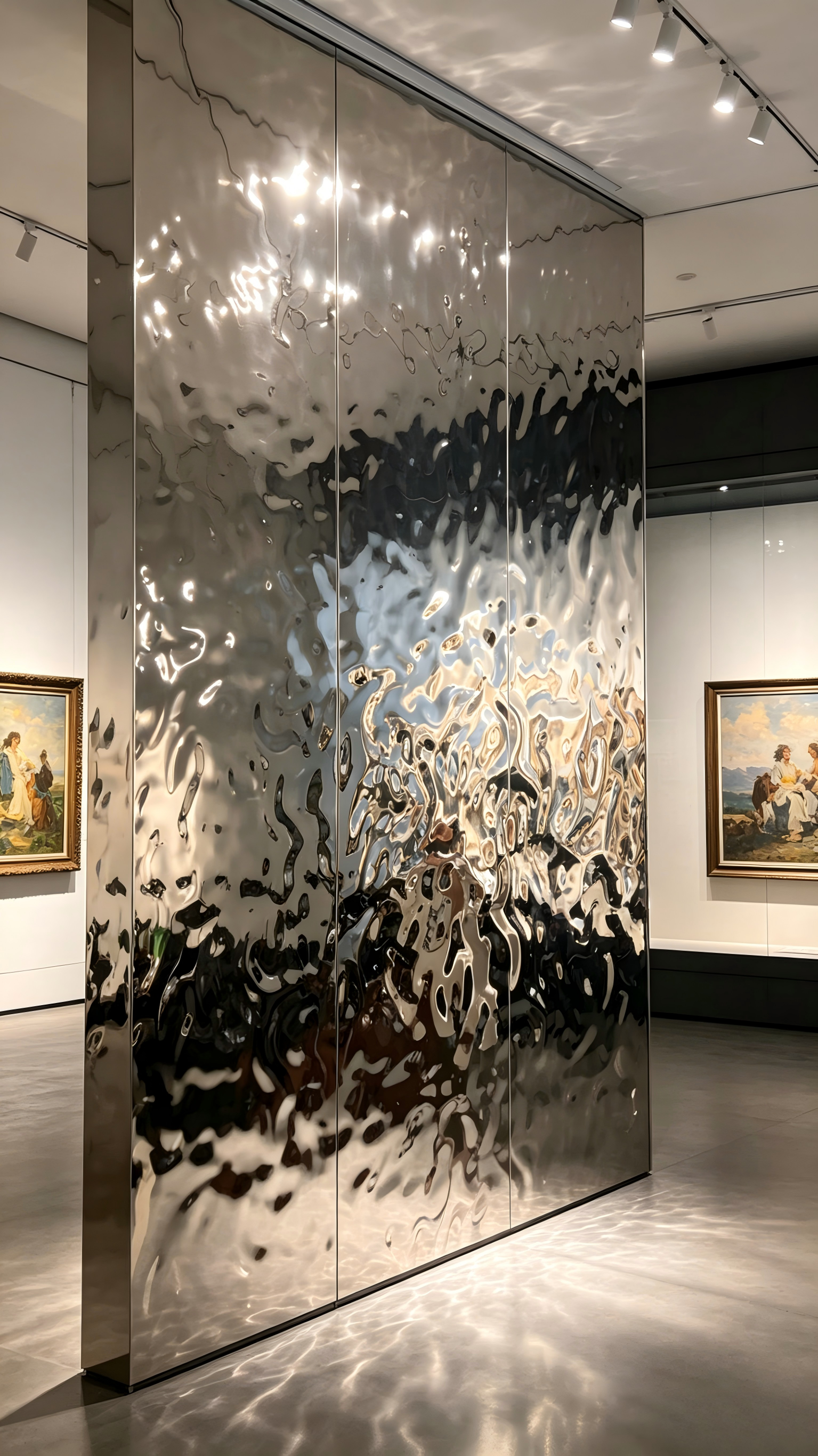 Silver corrugated stainless steel wall cladding panels forming a reflective interior feature wall.