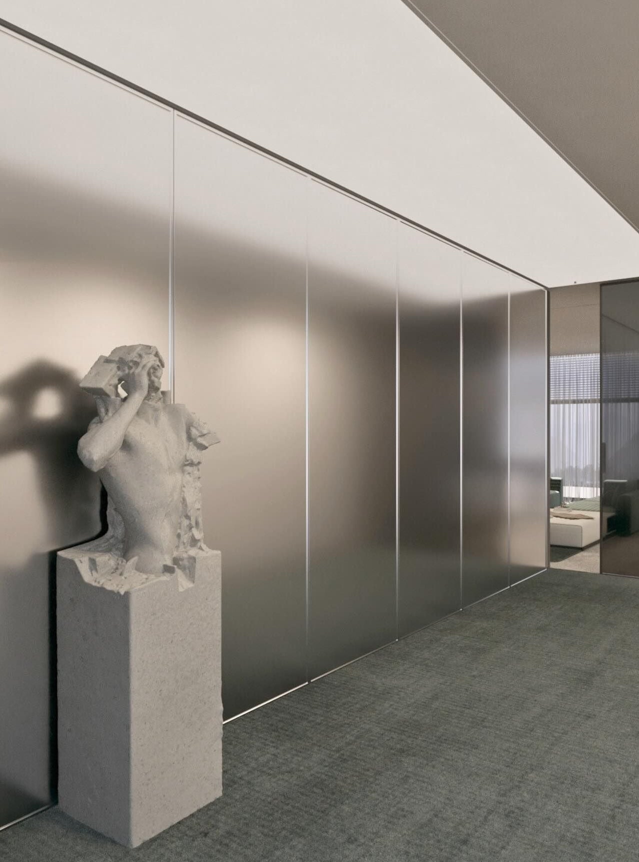 Silver smooth stainless steel wall panels along a bright interior passage.