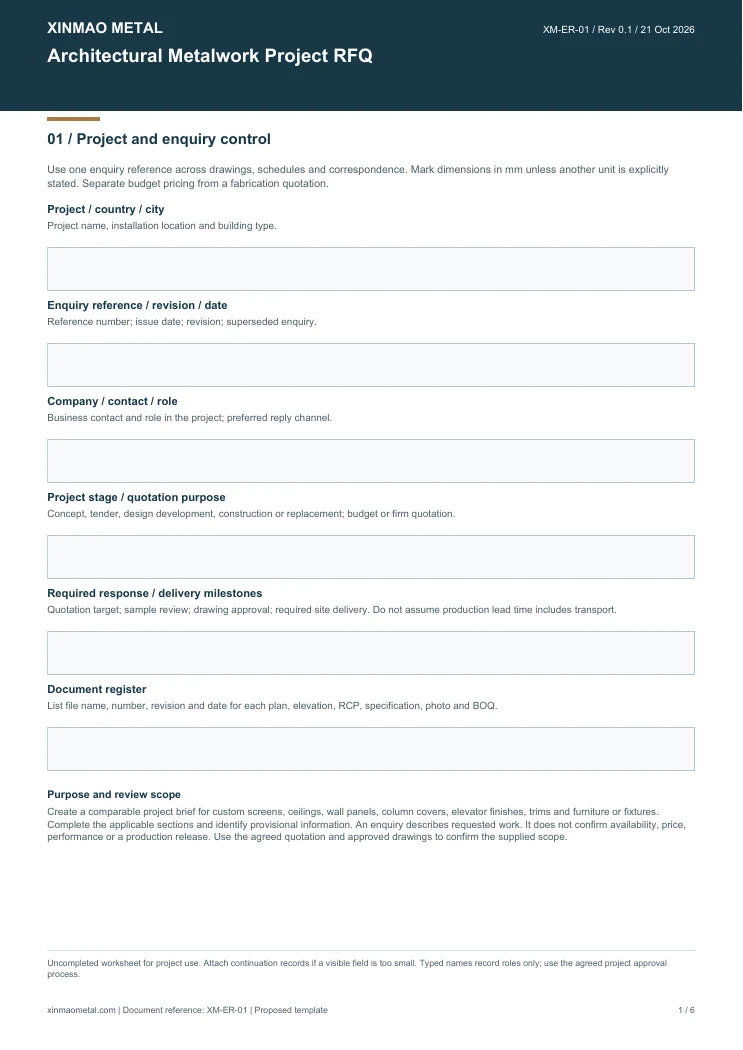 Xinmao Metal project enquiry worksheet preview